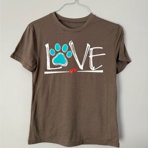 Brown Dog Lover T-Shirt with Blue Paw Print Women’s Small